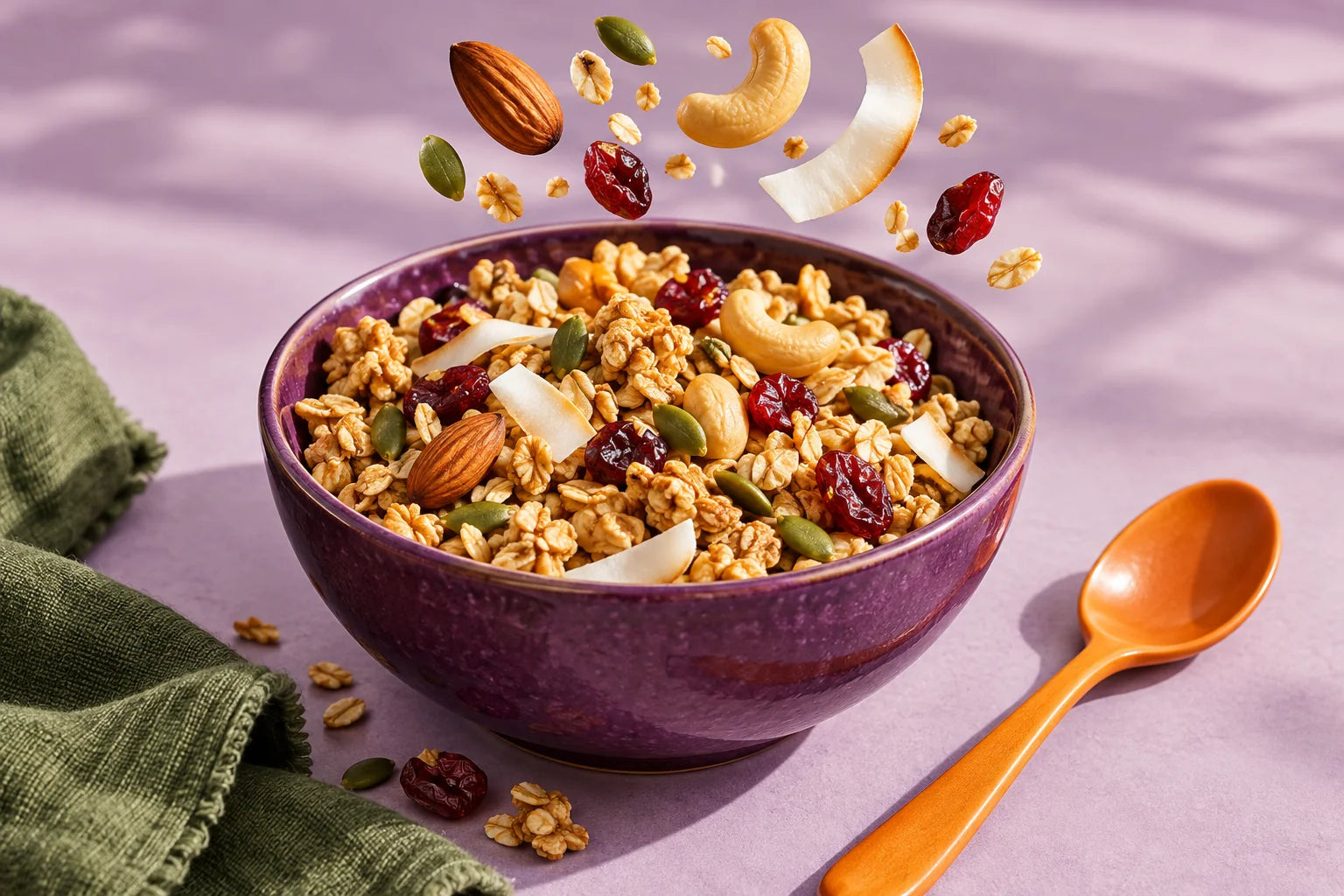 Purple bowl of granola with nuts, seeds, cranberries and coconut, with an orange spoon