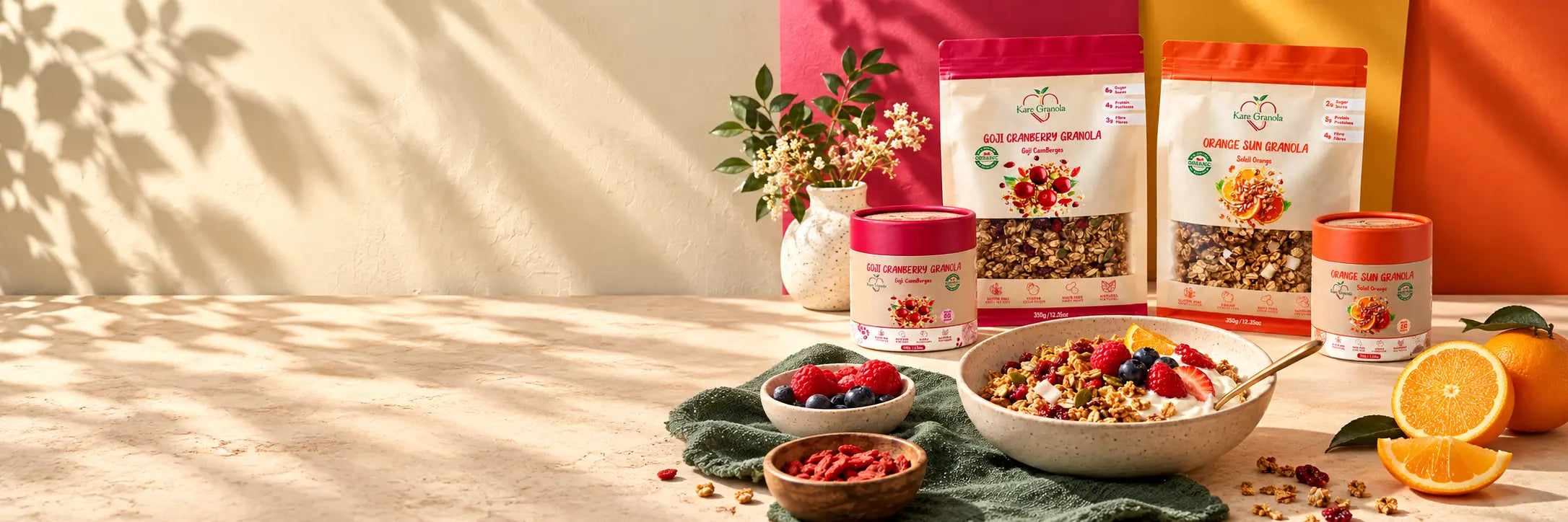 Kare Goji Cranberry and Orange Sun granola with a breakfast bowl on a sunlit breakfast table