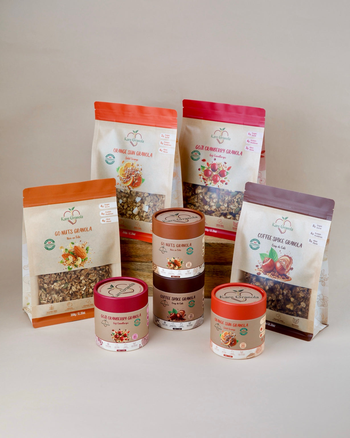 Kare Granola Standard Packs and Kare Cups in four flavours