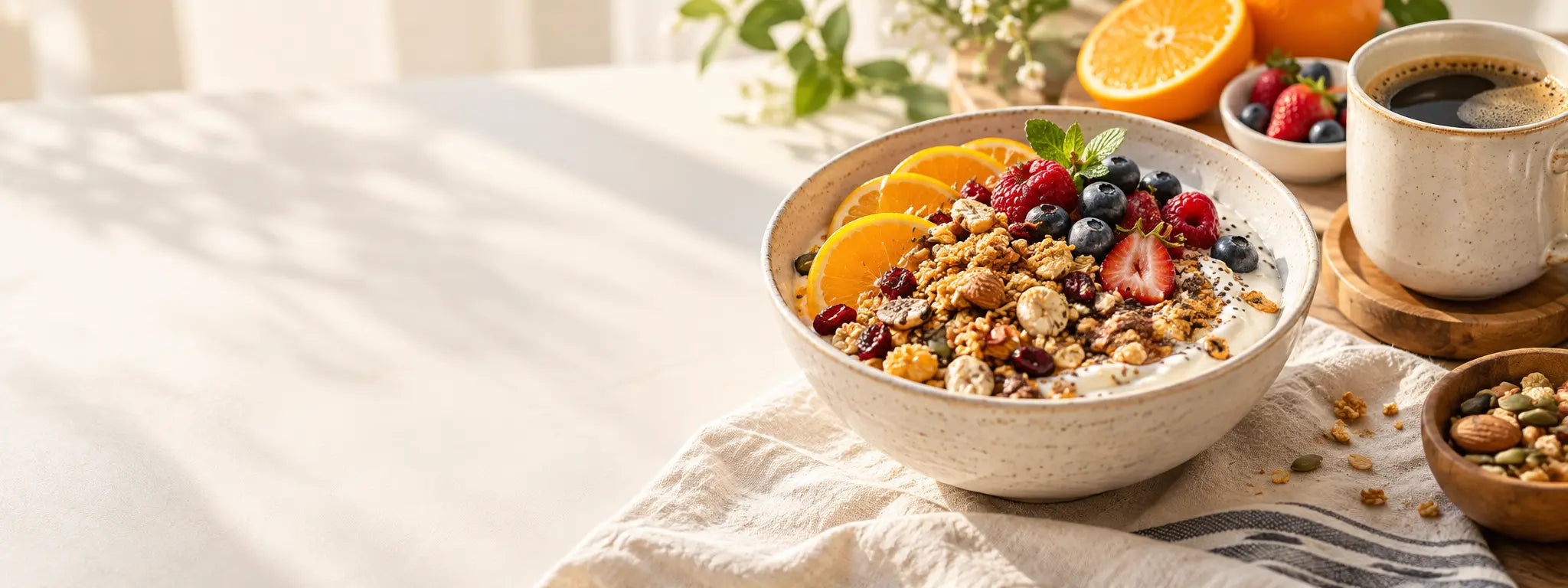 Granola and yogurt topped with berries and orange slices on a sunlit table